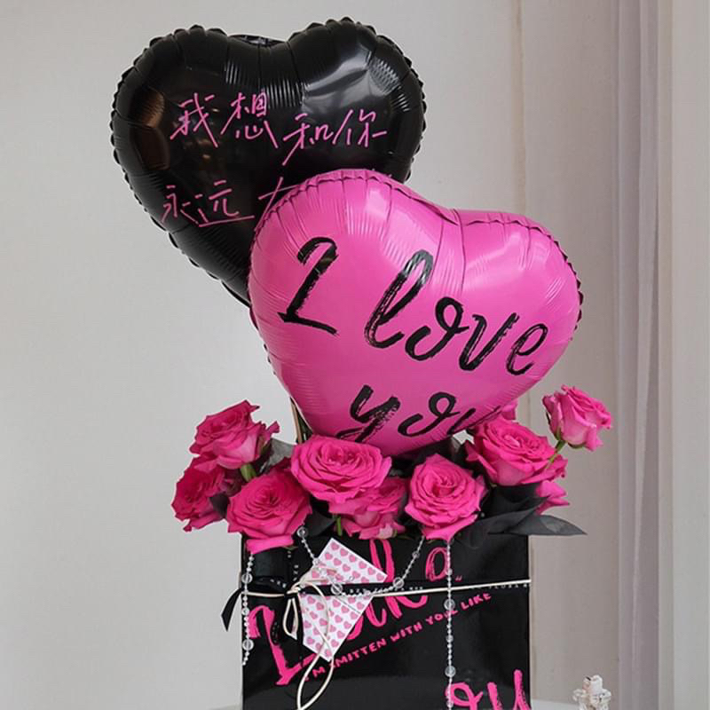 Bóng trái tim 18inch tông màu black pink in chữ trang trí sinh nhật