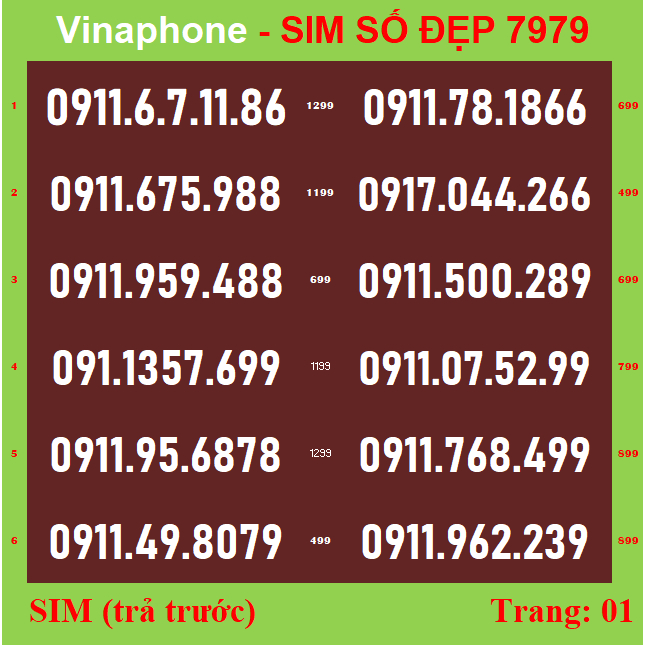 Sim Vinaphone Đầu 09, List 1,2.3,4,5, Sim mới 100%, chưa đăng kí, Sim phủ sóng toàn quốc | simsodep7979