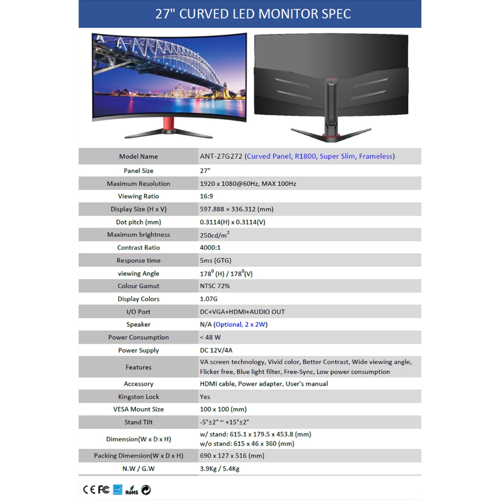 Màn Hình Cong Gaming ANT-27G272 Panel | 27"|1920 x 1080|16:9| 100Hz - New - Chính hãng - BH 24 Tháng