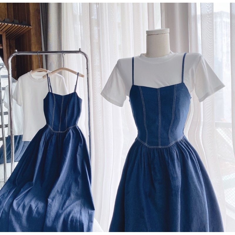 Sét Váy Bò Nữ 2 Dây Chỉ Nổi Kèm Áo Thun Trắng- Halinh Shop-Váy Yếm Denim Dáng Dài Chun Lưng Size S M Mix Áo Thun Cộc Tay