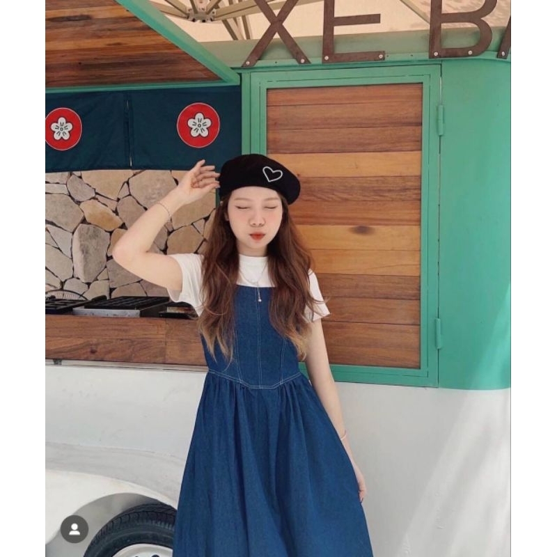 Sét Váy Bò Nữ 2 Dây Chỉ Nổi Kèm Áo Thun Trắng- Halinh Shop-Váy Yếm Denim Dáng Dài Chun Lưng Size S M Mix Áo Thun Cộc Tay