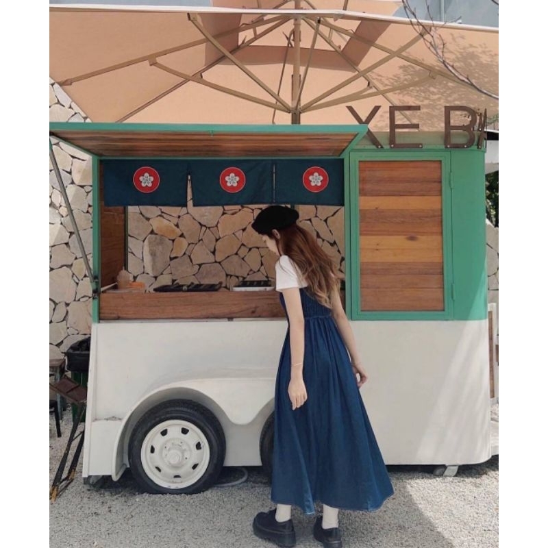 Sét Váy Bò Nữ 2 Dây Chỉ Nổi Kèm Áo Thun Trắng- Halinh Shop-Váy Yếm Denim Dáng Dài Chun Lưng Size S M Mix Áo Thun Cộc Tay