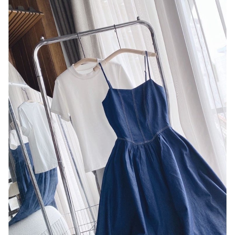 Sét Váy Bò Nữ 2 Dây Chỉ Nổi Kèm Áo Thun Trắng- Halinh Shop-Váy Yếm Denim Dáng Dài Chun Lưng Size S M Mix Áo Thun Cộc Tay