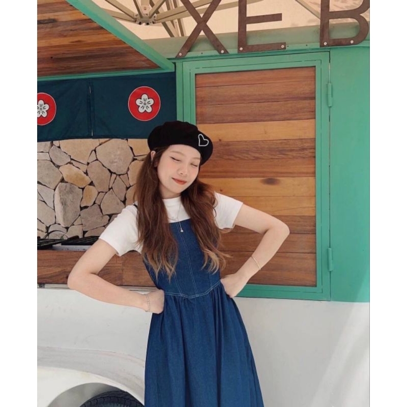 Sét Váy Bò Nữ 2 Dây Chỉ Nổi Kèm Áo Thun Trắng- Halinh Shop-Váy Yếm Denim Dáng Dài Chun Lưng Size S M Mix Áo Thun Cộc Tay