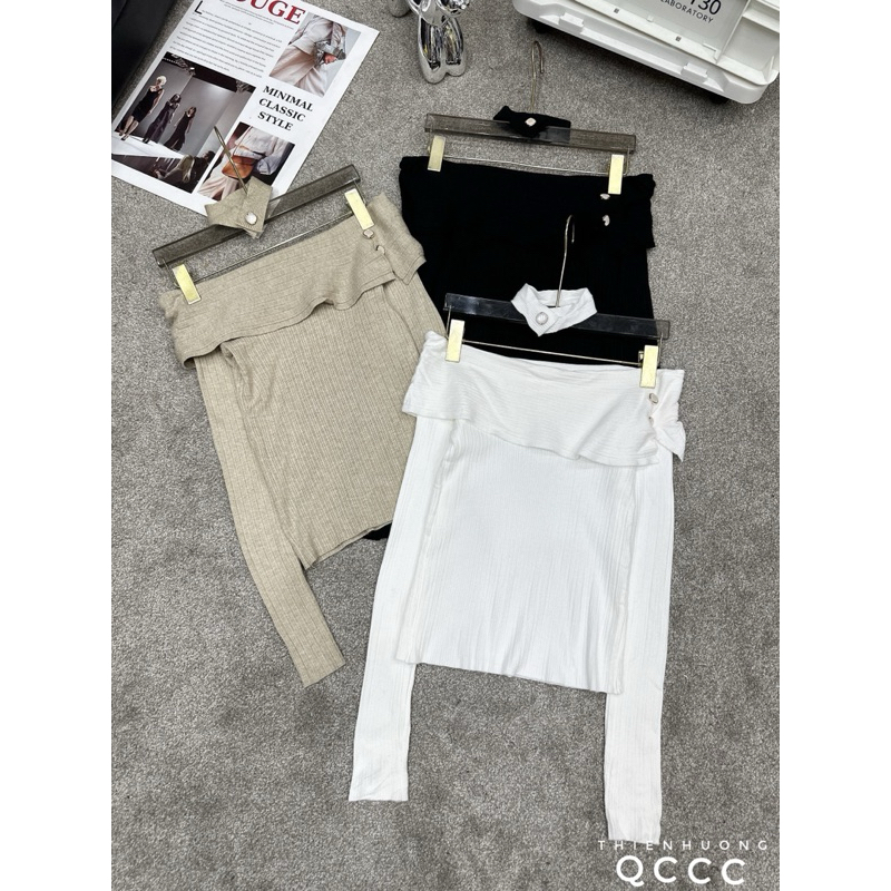 Áo len trễ vai kèm choker QC