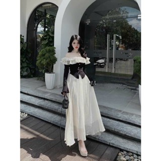 Set váy nữ thời trang mặc đi tiệc áo thun gân trễ vai phối voan bèo tay dài mix chân váy maxi chất voan dài xoè hai lớp
