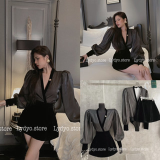 Set váy đầm  sơ mi cổ đổ chữ V cao cấp,voan tơ,jumbody suit liền thân cài đũng áo sơmi cổ đổ dài tay cao cấp sang chảnh