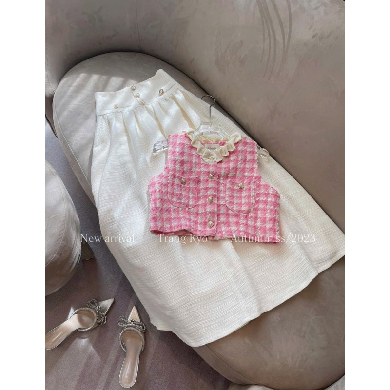 SET ÁO CROP DẠ HỒNG + CHÂN VÁY TRẮNG MIDI