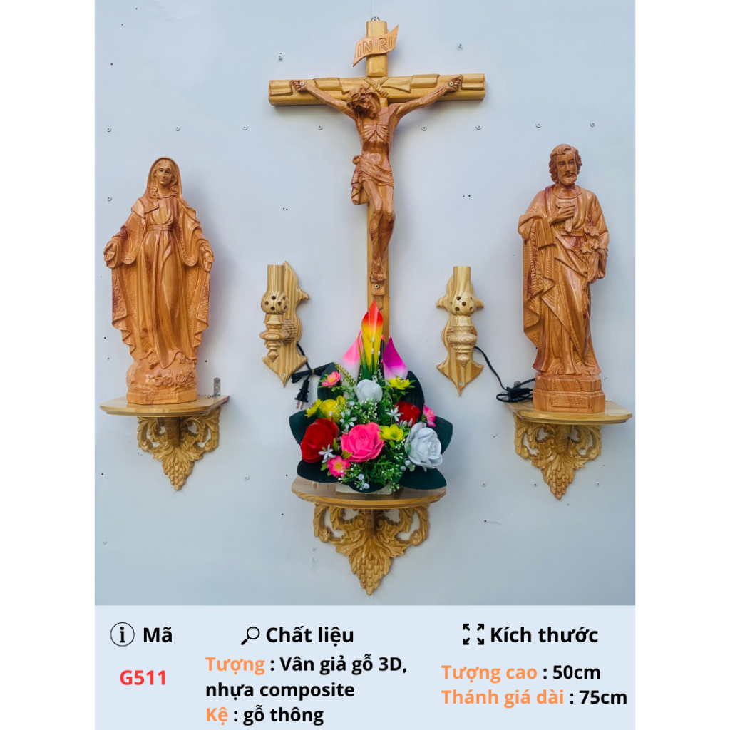 Bộ bàn thờ Công Giáo vân gỗ 3D : Thiên Chúa, tượng Mẹ Thánh 50cm, hiện đại, sang trọng, đa dạng kiểu dáng