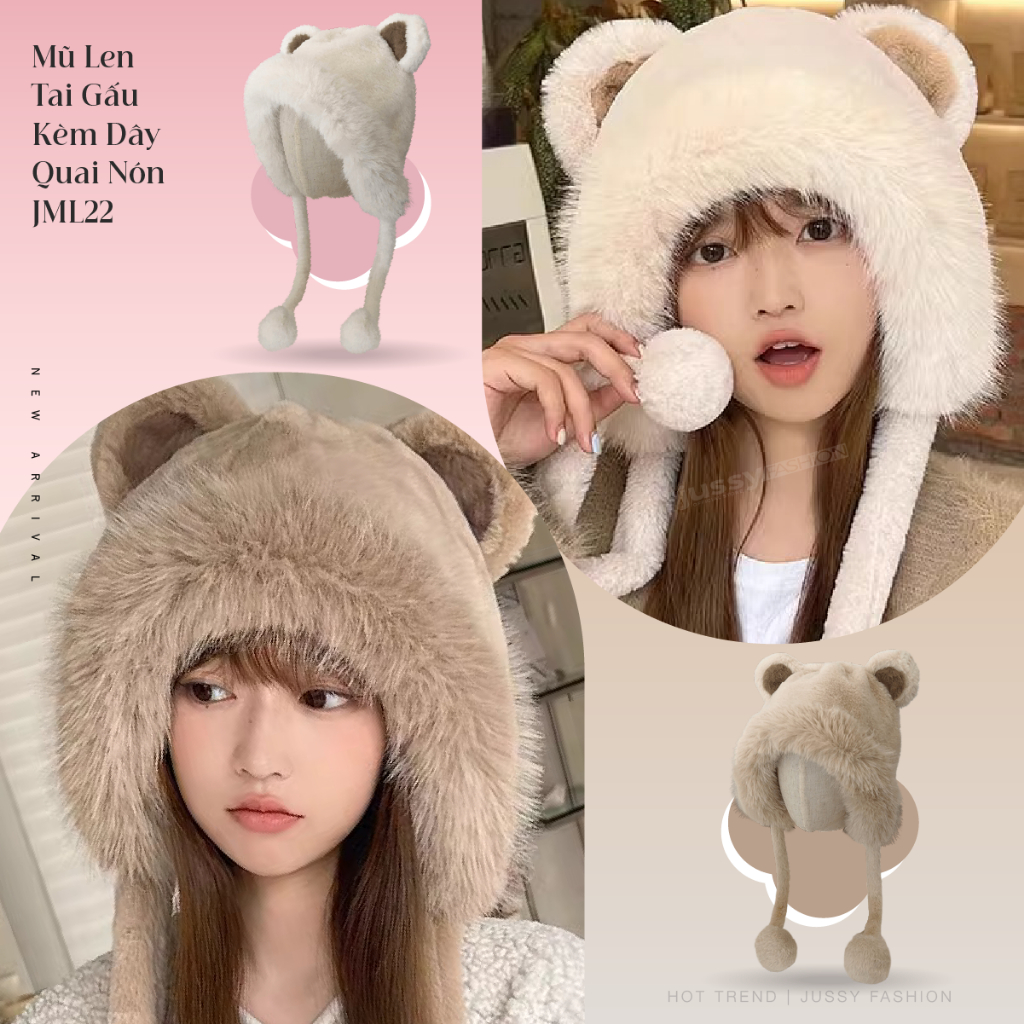Mũ Len Tai Gấu Kèm Dây Quai Tròn Dễ Thương JML22 Jussy Official Giữ Ấm Chất Lông MỊn Dày Mịn