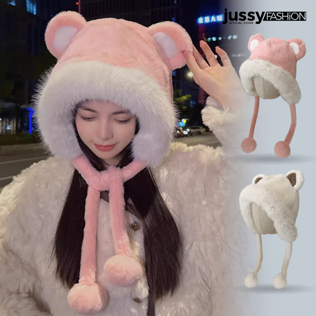 Mũ Len Tai Gấu Kèm Dây Quai Tròn Dễ Thương JML22 Jussy Official Giữ Ấm Chất Lông MỊn Dày Mịn