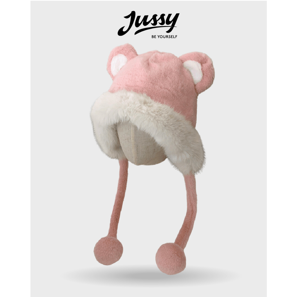 Mũ Len Tai Gấu Kèm Dây Quai Tròn Dễ Thương JML22 Jussy Official Giữ Ấm Chất Lông MỊn Dày Mịn