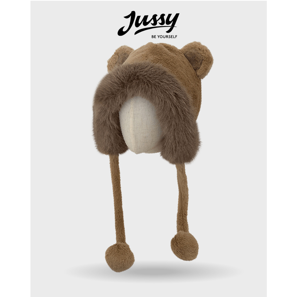 Mũ Len Tai Gấu Kèm Dây Quai Tròn Dễ Thương JML22 Jussy Official Giữ Ấm Chất Lông MỊn Dày Mịn