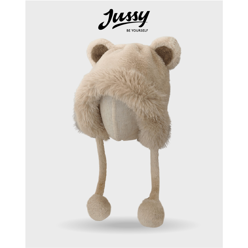 Mũ Len Tai Gấu Kèm Dây Quai Tròn Dễ Thương JML22 Jussy Official Giữ Ấm Chất Lông MỊn Dày Mịn