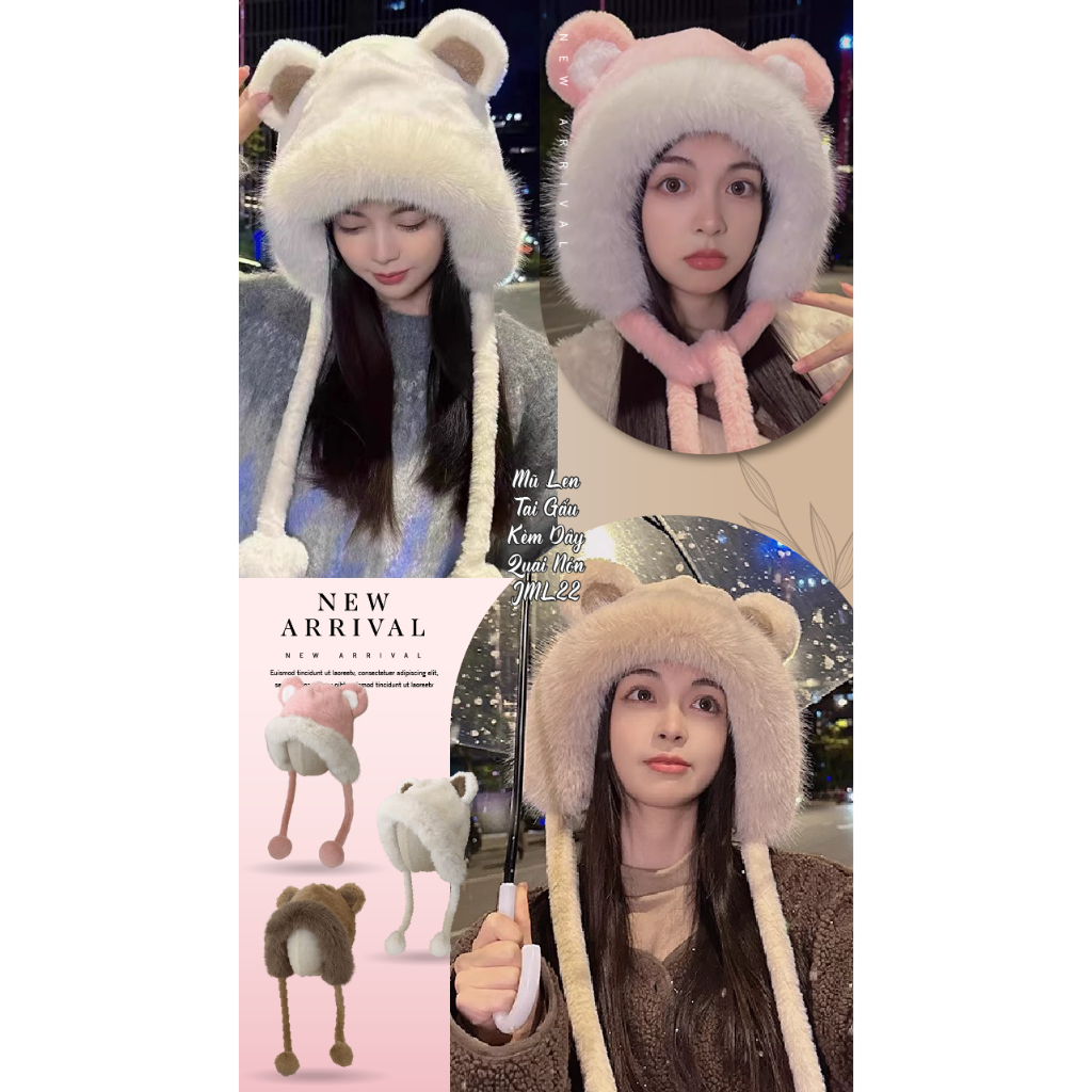 Mũ Len Tai Gấu Kèm Dây Quai Tròn Dễ Thương JML22 Jussy Official Giữ Ấm Chất Lông MỊn Dày Mịn