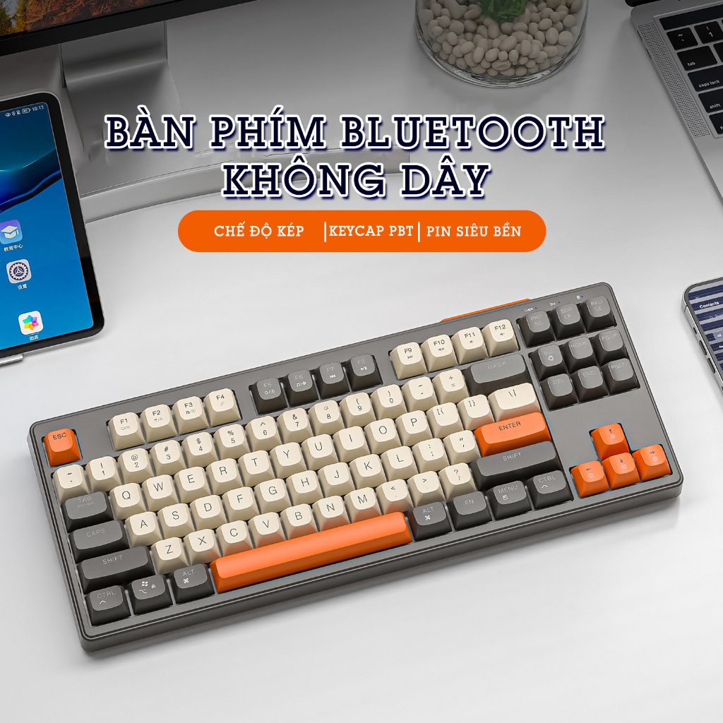 Bàn Phím Không Dây M87 Bluetooth và Usb 2.4Ghz, Bàn Phím Tắt Tiếng Tích Hợp Pin Sạc Lại, Có Đèn Led