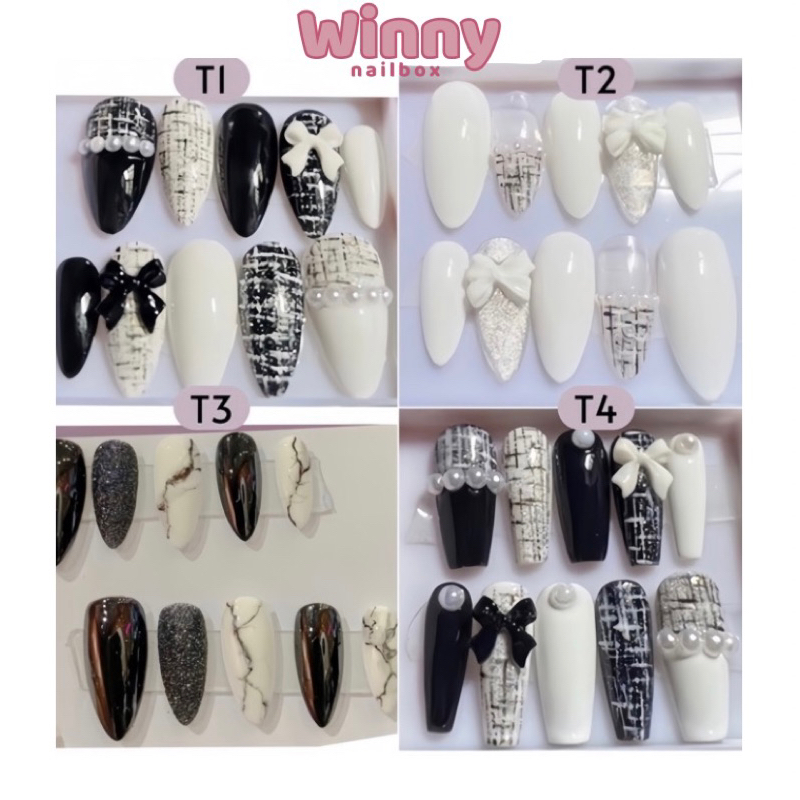 Nailbox - móng úp thiết kế - đen trắng nơ Mã t1->t4