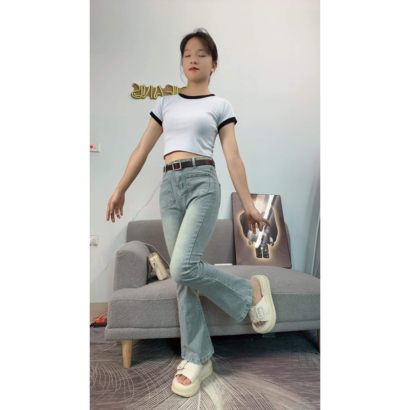 Quần bò jeans nữ dãn ống loe may gấu 9 tấc, Quần jean co dãn 4 chiều dành cho các cô nàng nấm lùn