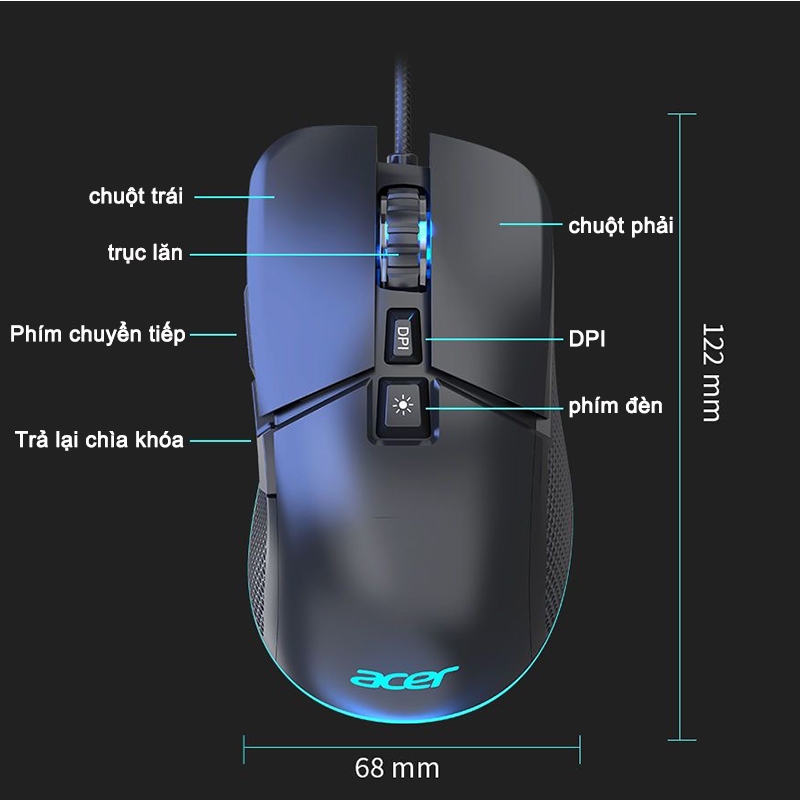 Chuột Có Dây Acer OMW130 Hỗ Trợ Macro Đèn LED 800-7200 DPI Phù Hợp Cho Máy Tính Để Bàn Và Máy Tính Xách Tay