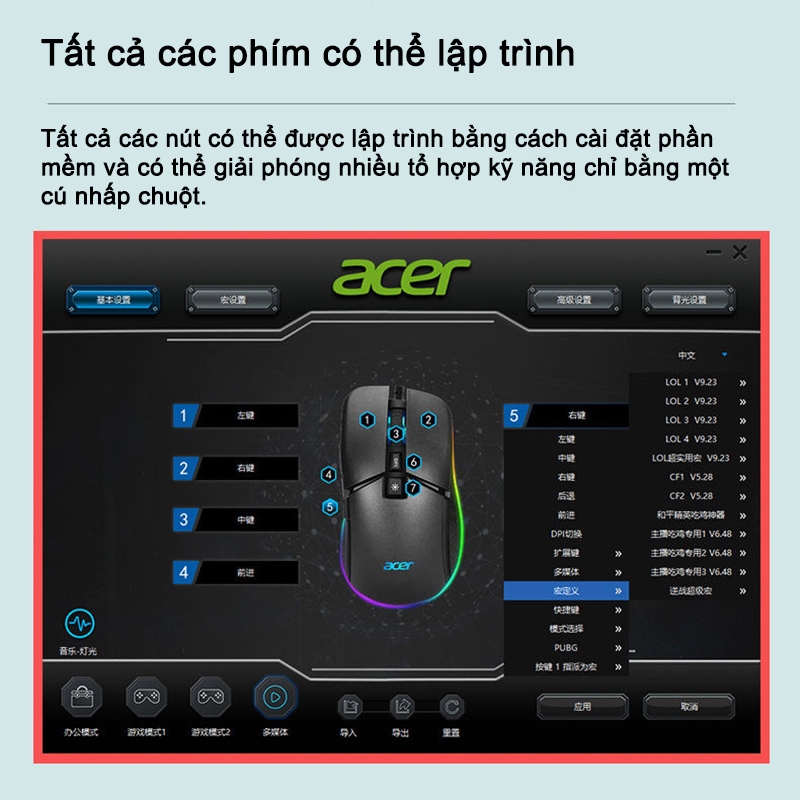 Chuột Có Dây Acer OMW130 Hỗ Trợ Macro Đèn LED 800-7200 DPI Phù Hợp Cho Máy Tính Để Bàn Và Máy Tính Xách Tay