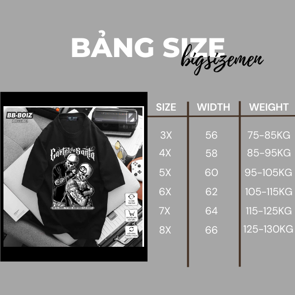 BIGSIZE - Áo thun nam tay ngắn BB - Boiz bigsize 85 - 125kg in hình xăm mình