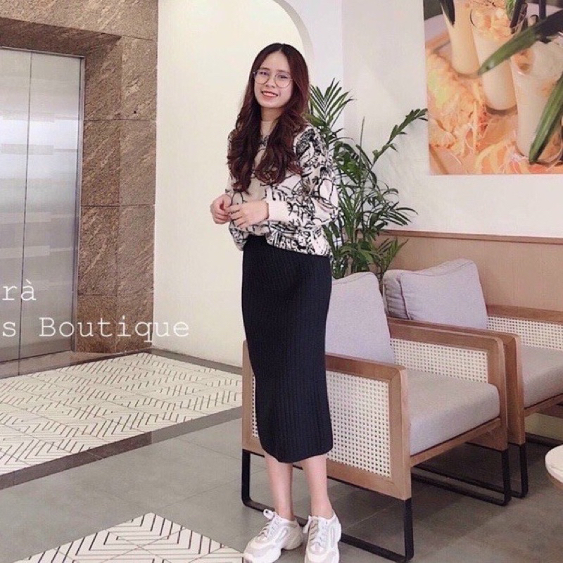 Chân váy len đũa xẻ sau - dài 68cm qua gối