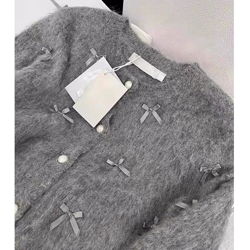 Áo khoác Cadigan len lông xám đính nơ Hàng loại 1