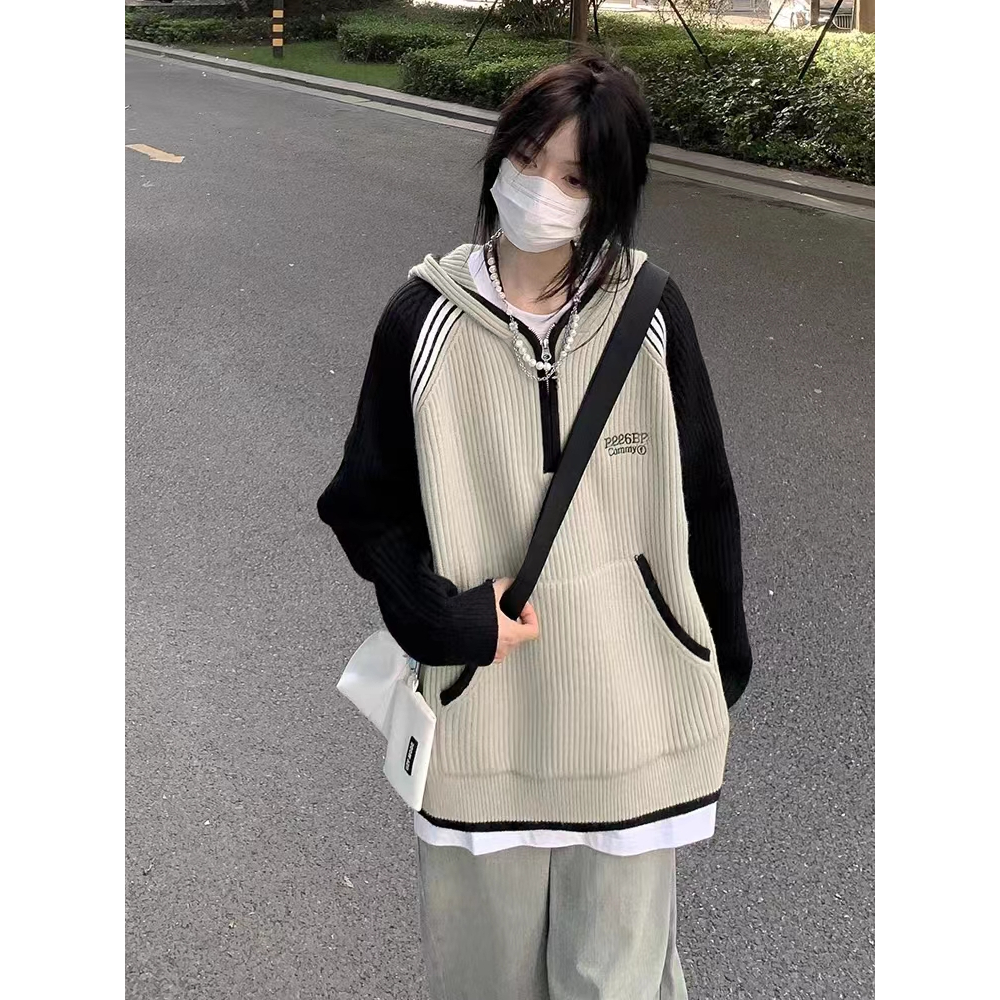 Áo len hoodie có mũ xanh dương phối đen Raglan có túi khoá kéo oversize dáng dấu quần ulzzang