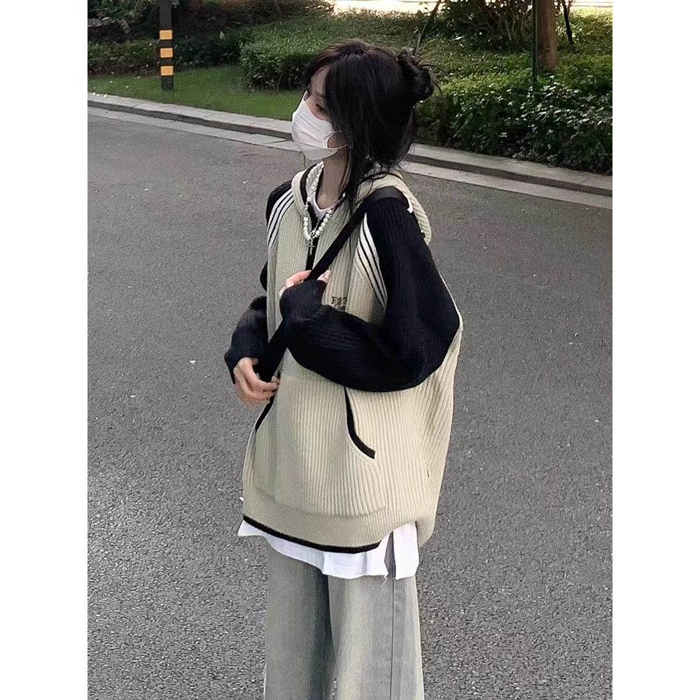 Áo len hoodie có mũ xanh dương phối đen Raglan có túi khoá kéo oversize dáng dấu quần ulzzang