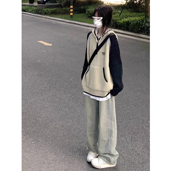 Áo len hoodie có mũ xanh dương phối đen Raglan có túi khoá kéo oversize dáng dấu quần ulzzang