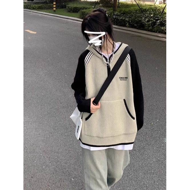 Áo len hoodie có mũ xanh dương phối đen Raglan có túi khoá kéo oversize dáng dấu quần ulzzang