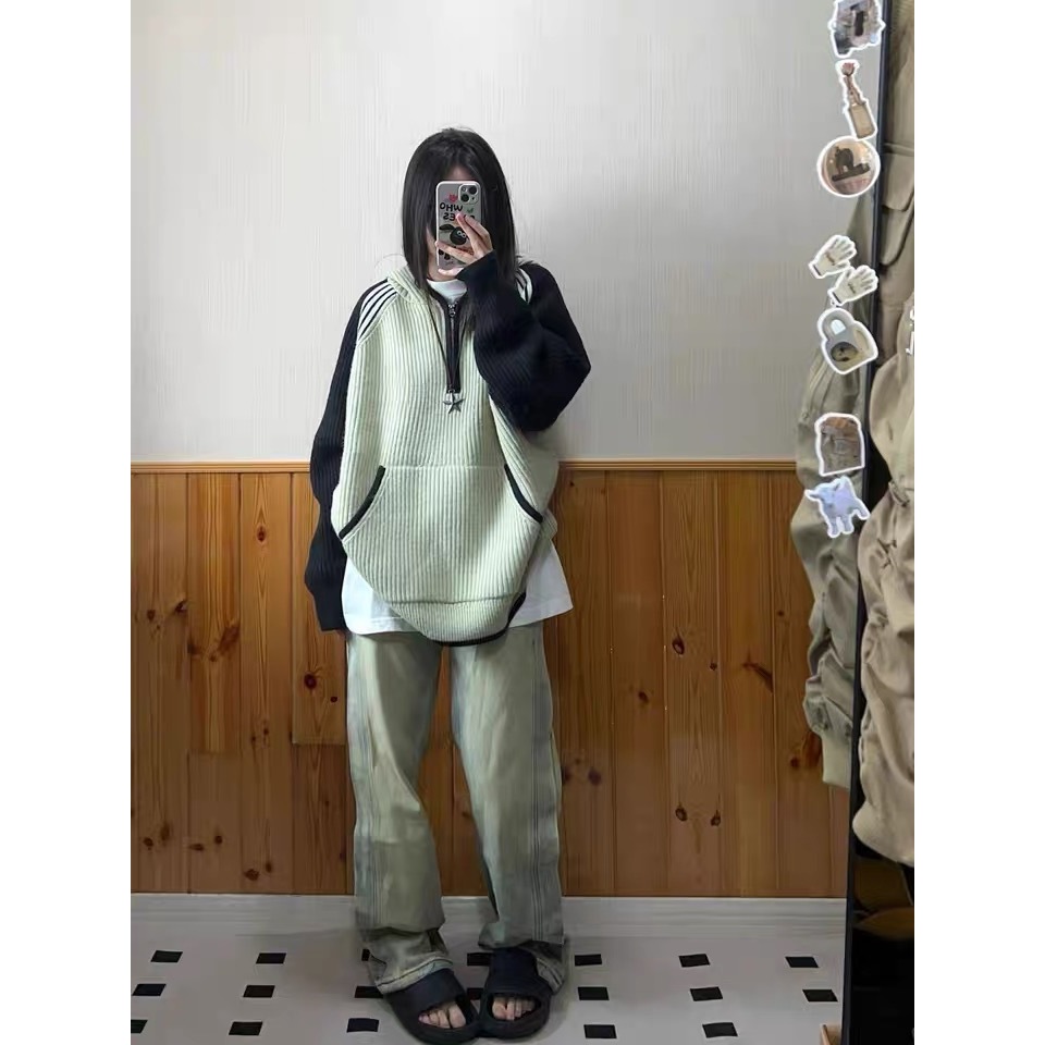 Áo len hoodie có mũ xanh dương phối đen Raglan có túi khoá kéo oversize dáng dấu quần ulzzang