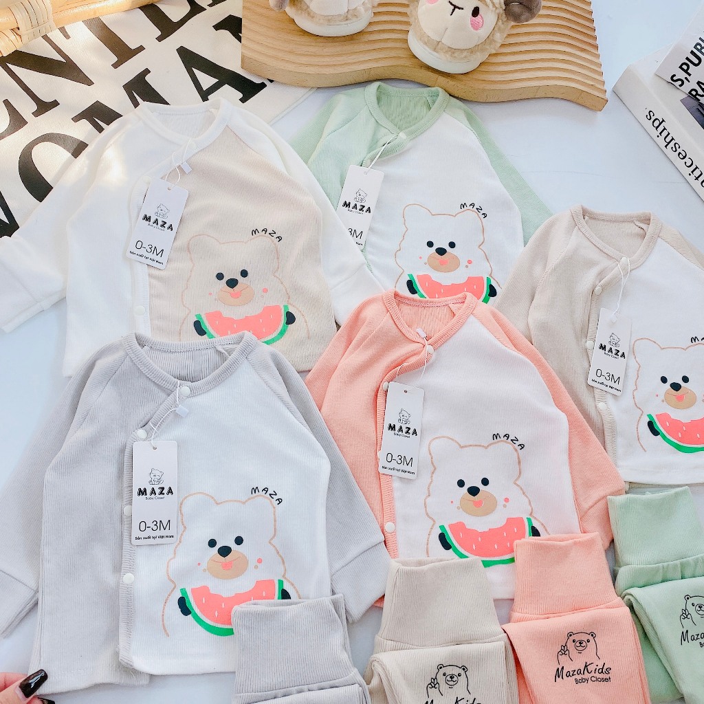 Bộ dài tay sơ sinh vải tăm lông Maza size 3-9kg