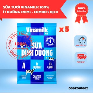 Combo 5 bịch Sữa tươi tiệt trùng ít đường Vinamilk 100% Sữa tươi 220ml