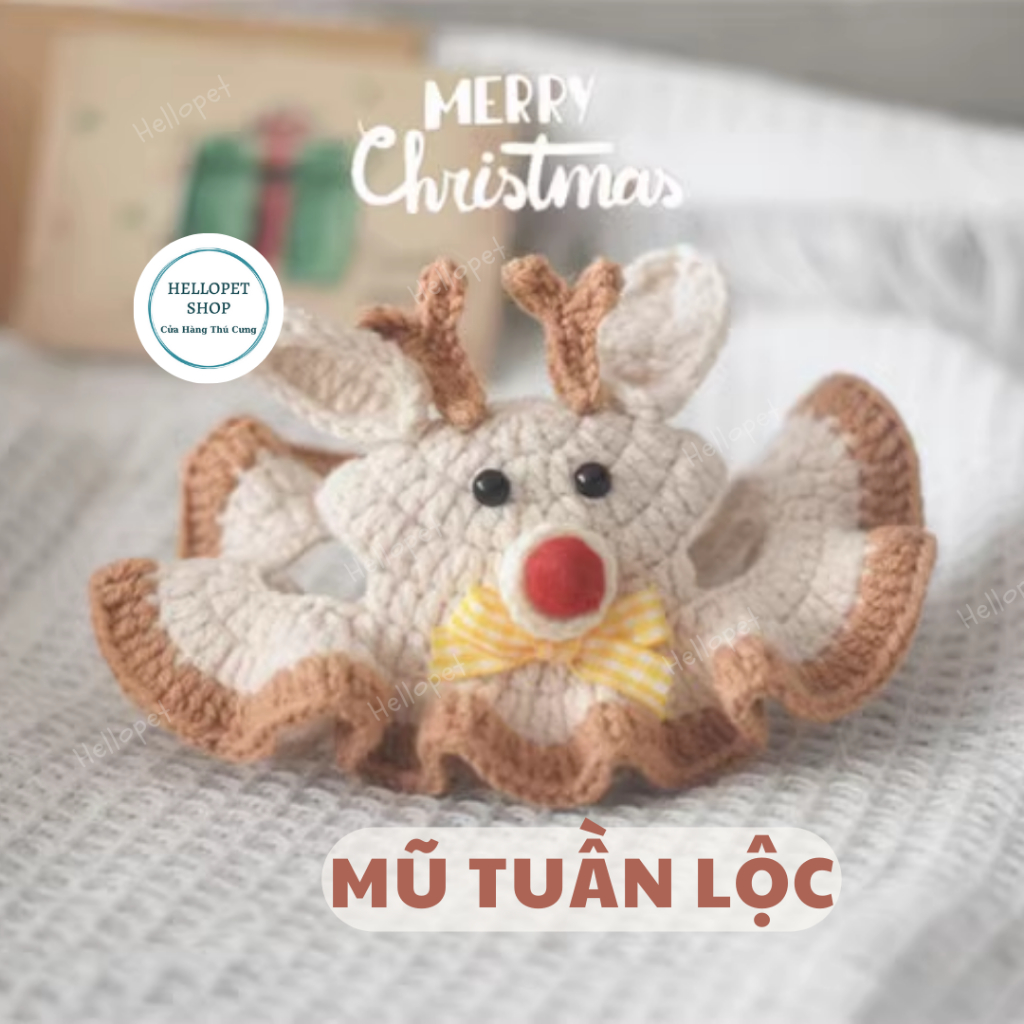 Mũ len cho chó mèo tuần lộc giáng sinh dễ thương, Mũ tuần lộc cho thú cưng, Phụ kiện chó mèo đan len nhiều size