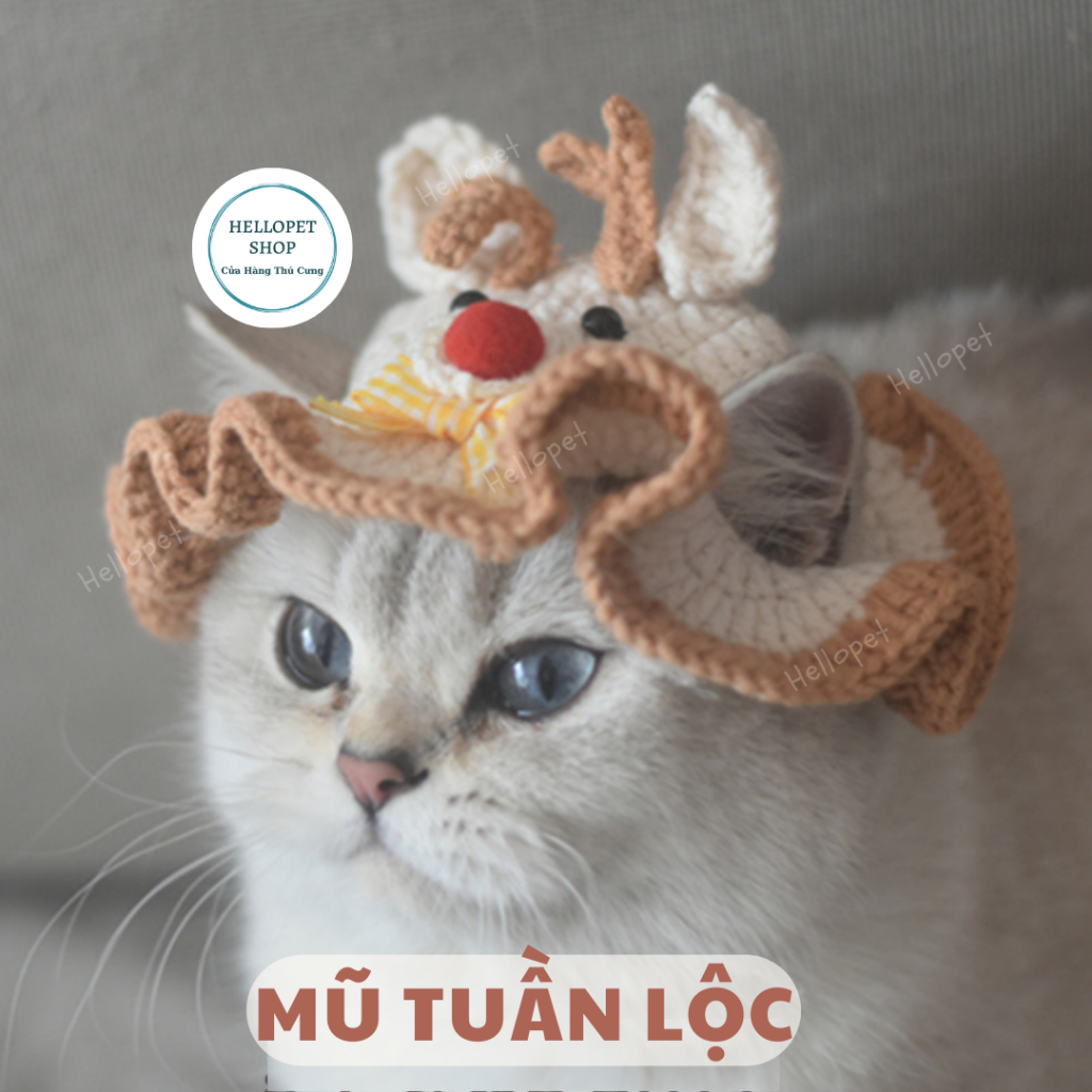 Mũ len cho chó mèo tuần lộc giáng sinh dễ thương, Mũ tuần lộc cho thú cưng, Phụ kiện chó mèo đan len nhiều size