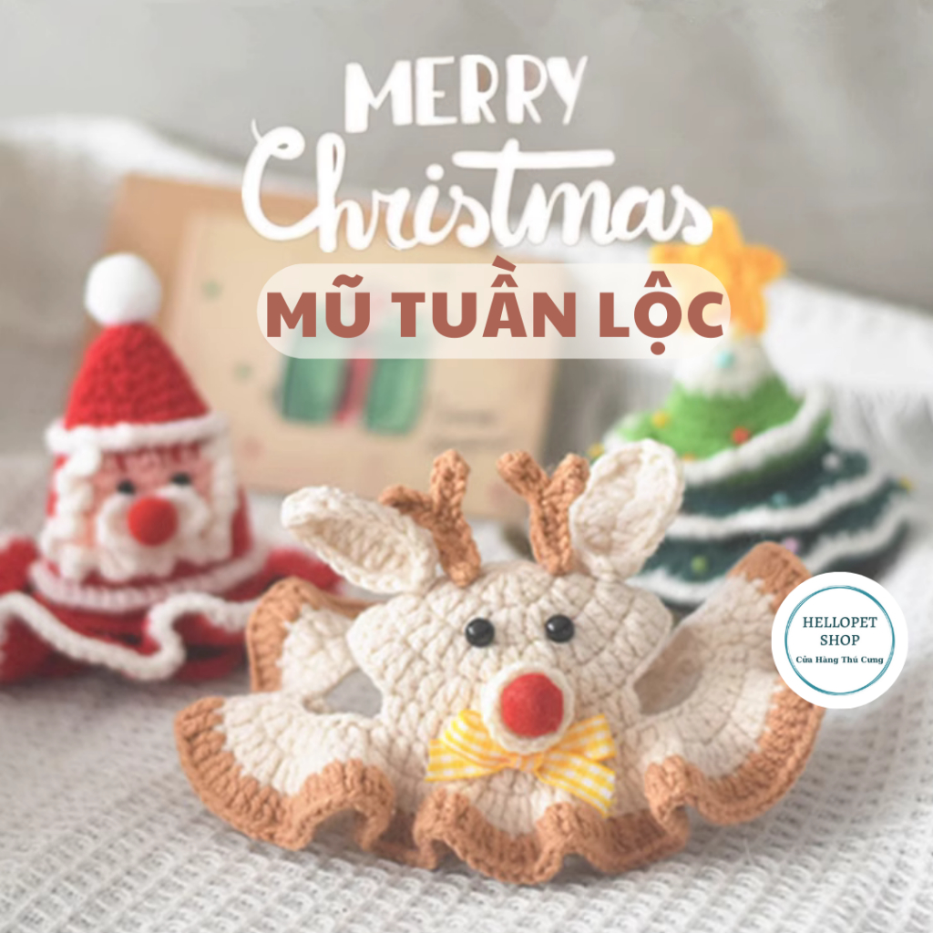 Mũ len cho chó mèo tuần lộc giáng sinh dễ thương, Mũ tuần lộc cho thú cưng, Phụ kiện chó mèo đan len nhiều size