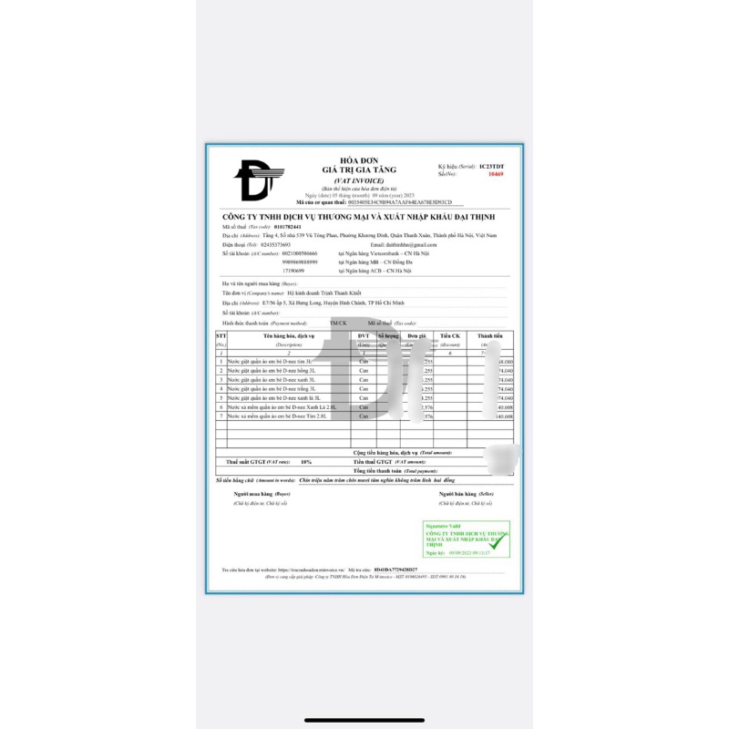 NƯỚC GIẶT/ XẢ DNEE THÁI LAN DẠNG CAN 3LÍT