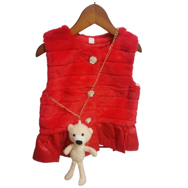 Áo gile lông thỏ QCCC cài hoa cho bé 7-18kg