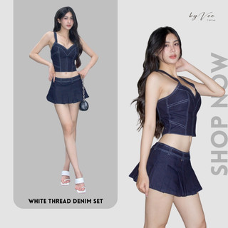 Set denim cổ tim chỉ nổi