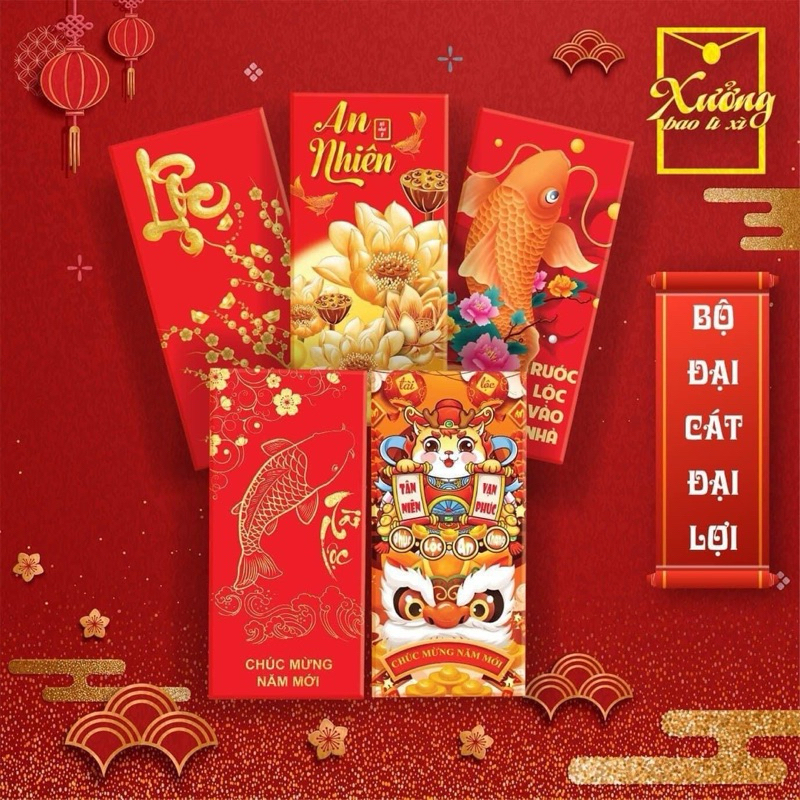 Xấp 10 Bao Lì Xì Đỏ Tết Loại 1 Nhiều Mẫu, Giấy C150 Bóng Đẹp