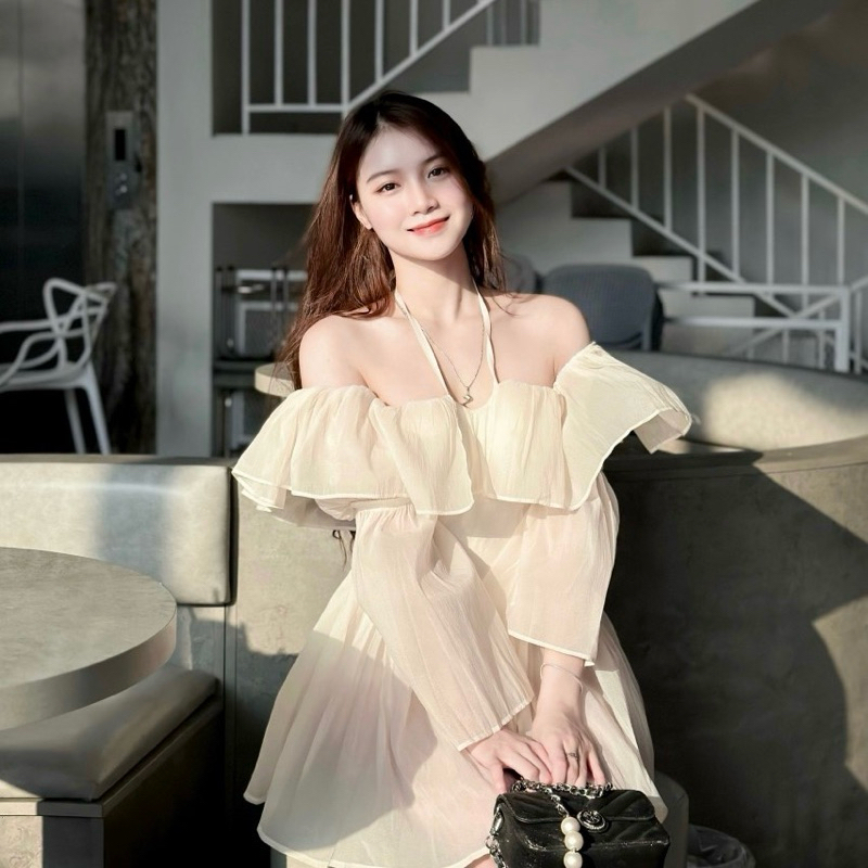 Váy trễ vai tơ hàng quảng châu thiết kế tay bồng, chân váy xoè tôn dáng cho nữ có bốn màu, đầm trễ vai hàng 2 lớp