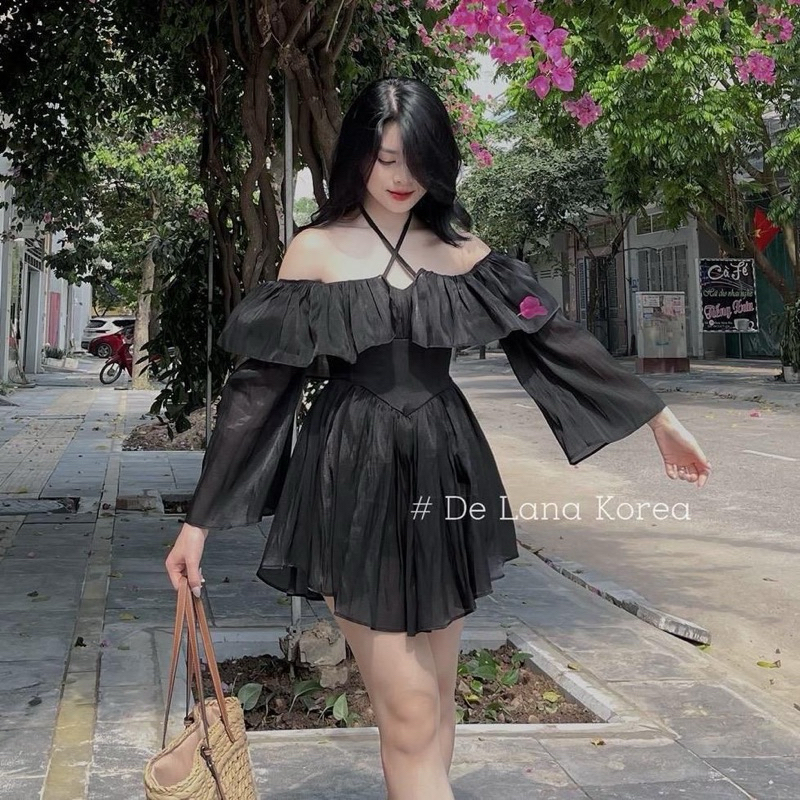 Váy trễ vai tơ hàng quảng châu thiết kế tay bồng, chân váy xoè tôn dáng cho nữ có bốn màu, đầm trễ vai hàng 2 lớp