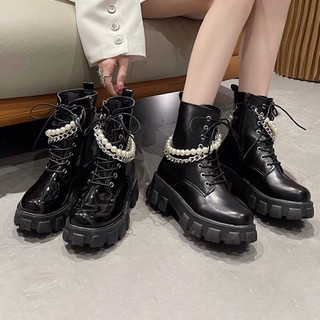 Bốt Martin nữ cổ ngắn dây xích đế răng cưa cao 6cm có khoá sườn