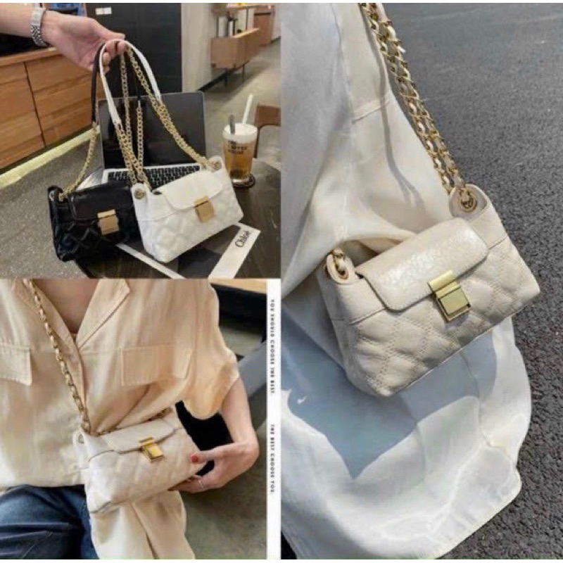 Túi đeo vai đeo chéo nữ khoá vuông trần trám dây da phối xích