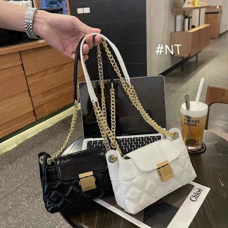 Túi đeo vai đeo chéo nữ khoá vuông trần trám dây da phối xích