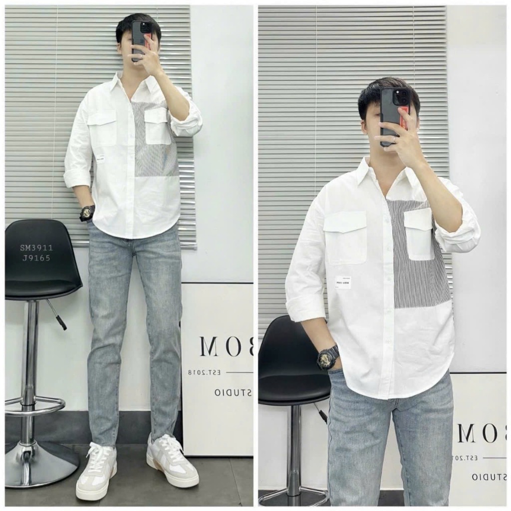 Áo sơ mi nam vải lụa trơn phối vải sọc chuẩn form phong cách trẻ trung năng động Thành_Store