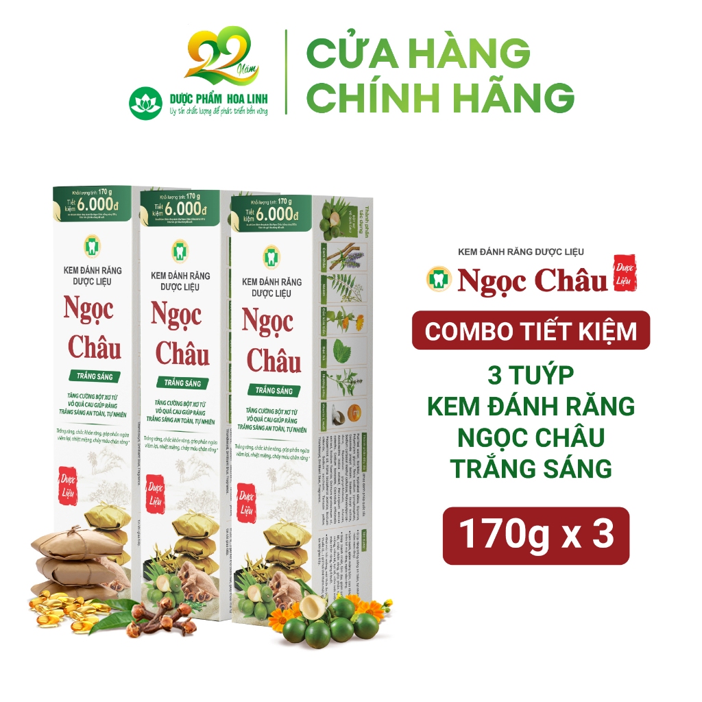 Bộ 3 tuýp Kem Đánh Răng Dược Liệu Ngọc Châu Trắng Sáng 170g