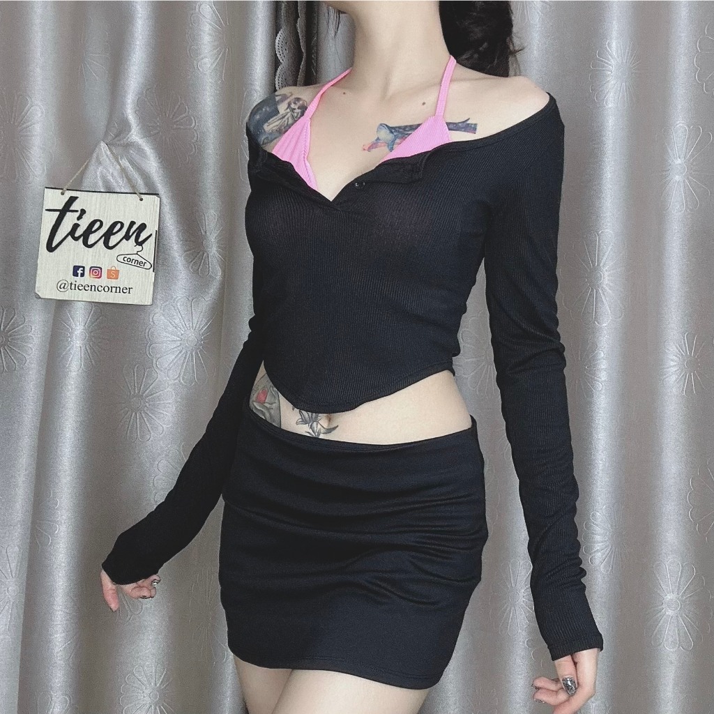 Set 2 áo tay dài vạt bầu có nút kèm áo bikini có mút cá tính tieencorner 424