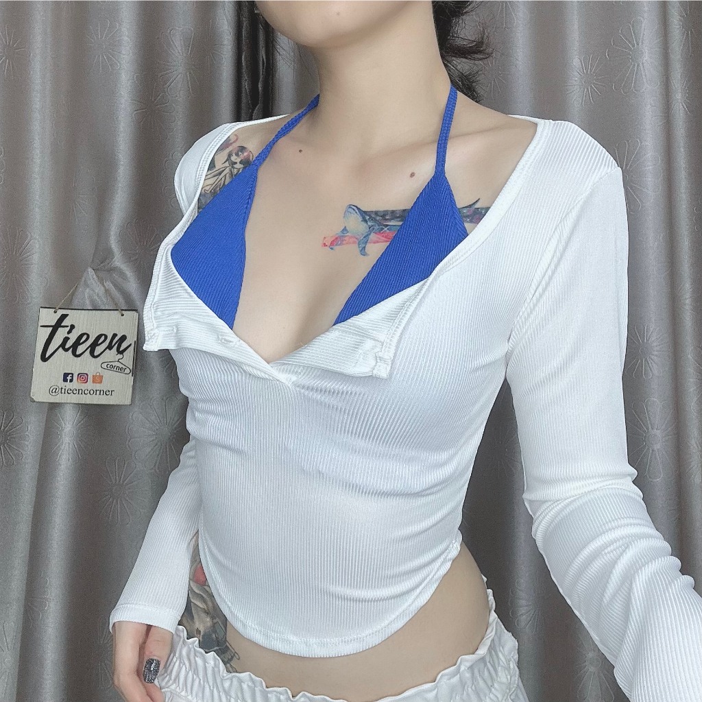 Set 2 áo tay dài vạt bầu có nút kèm áo bikini có mút cá tính tieencorner 424